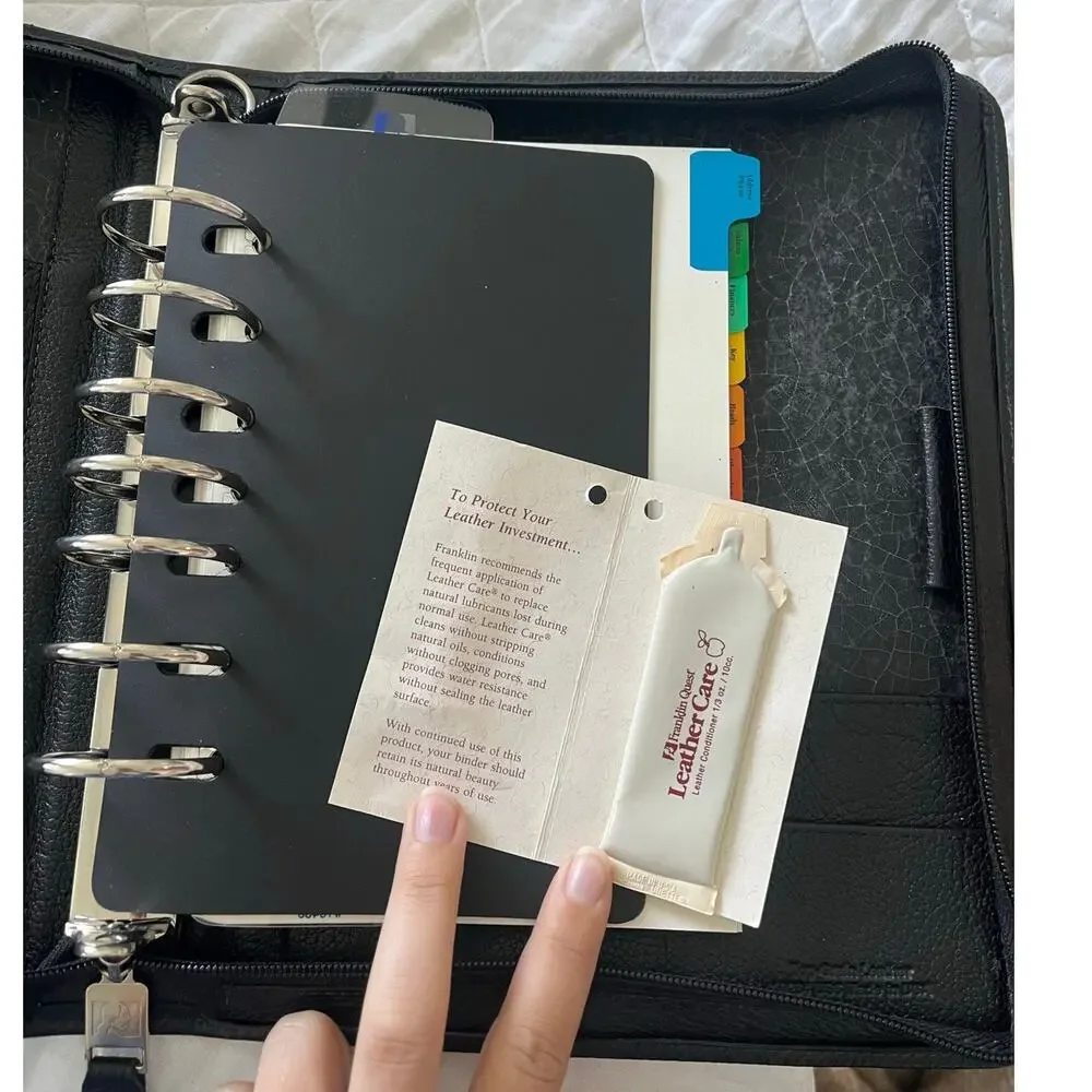 Franklin Quest Leather 7 Ring Binder Planner Organizer Agenda Zip Black Inserts